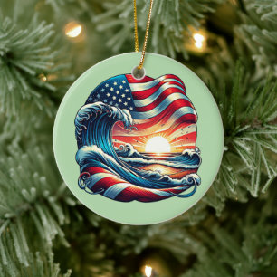 Adorno De Cerámica American USA Flag Beach Wave Sunset Patriotic Art