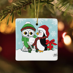 Adorno De Cerámica Amigos de Navidad del pingüino búho festivo invern