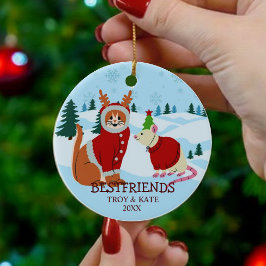 Adorno De Cerámica Amigos de Navidad nevada: gato y rata navideños 