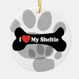 Adorno De Cerámica Amo mi Sheltie - hueso de perro