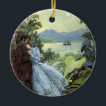 Adorno De Cerámica Amor vintage y romance, romántica vista tropical<br><div class="desc">Ilustracion vintage Diseño romántico y de amor victoriano con una pareja joven abrazándose bajo las palmeras a la luz de una luna llena. Hay un barco en el puerto y montañas a lo lejos.</div>