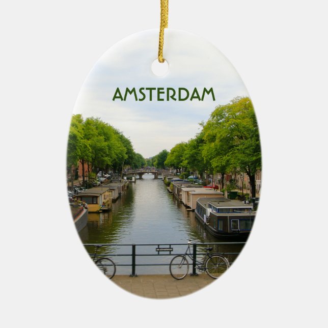 Adorno De Cerámica Ámsterdam: Canal, puentes, bicicletas, barcos, Hol (Frente)