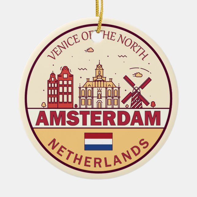 Adorno De Cerámica Amsterdam Países Bajos City Skyline Emblem (Frente)