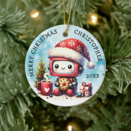 Adorno De Cerámica Añadir tu nombre Merry Christmas Cute Robot