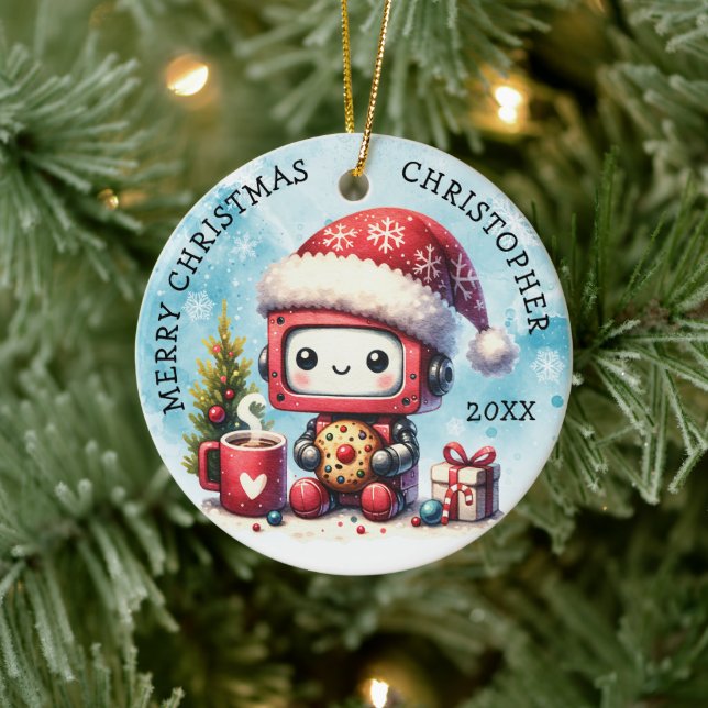 Adorno De Cerámica Añadir tu nombre Merry Christmas Cute Robot (Árbol)