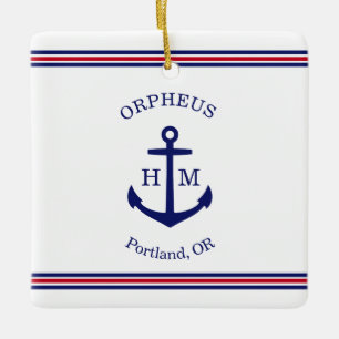 Adorno De Cerámica Ancla Náutica Personalizada (blanco, azul y rojo)