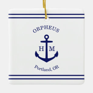 Adorno De Cerámica Ancla Náutica Personalizada (blanco y azul)