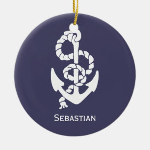 Adorno De Cerámica Ancla Y Cubo Náutico De Buques Azules Y Blancos