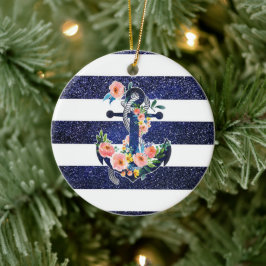 Adorno De Cerámica Anclaje floral sobre fondo rayado