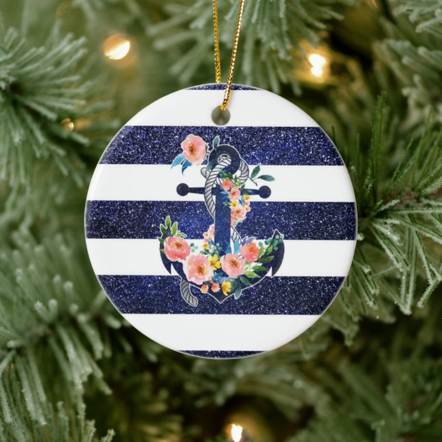 Adorno De Cerámica Anclaje floral sobre fondo rayado (Árbol)