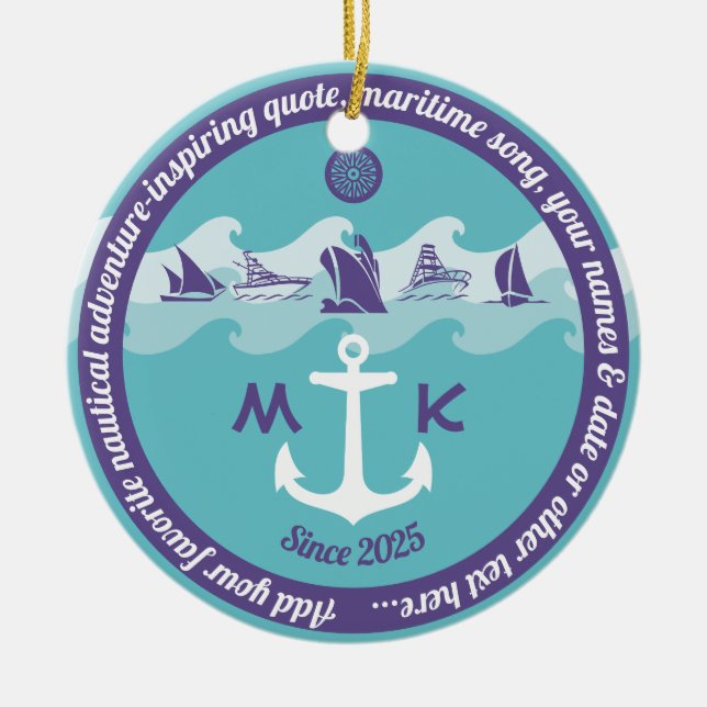 Adorno De Cerámica Anclor Waves Nautical Barco yate Monograma (Frente)