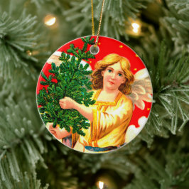 Adorno De Cerámica Ángel con árbol de navidad amarillo