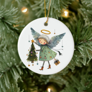 Adorno De Cerámica Ángel con un árbol de Navidad