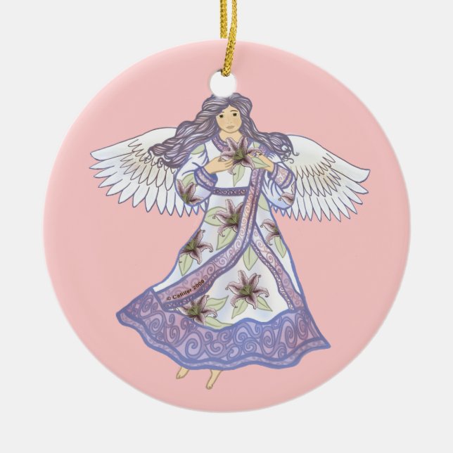 Adorno De Cerámica Ángel de flores de lirio cristiano (Frente)