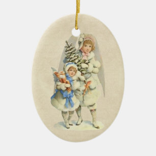 Adorno De Cerámica Ángel de guarda del vintage con el árbol y la ni