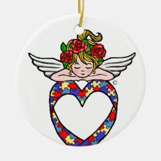 Adorno De Cerámica Ángel de la cinta del corazón del autismo
