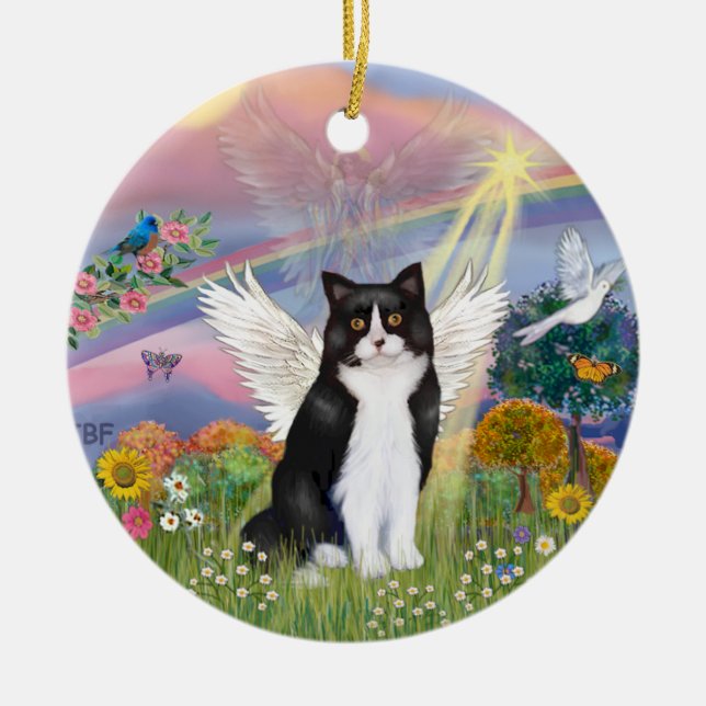 Adorno De Cerámica Ángel de la nube - Ángel de gato negro y blanco (Frente)