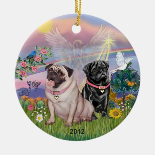 Adorno De Cerámica Ángel de la nube - Dos Pugs Chicas (Frente)