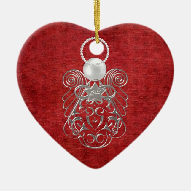 Adorno De Cerámica Ángel de la paz navidades sobre Chenille roja text (Frente)