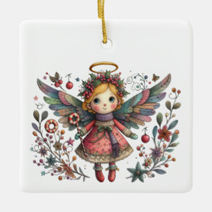 Adorno De Cerámica Ángel de Navidad caprichoso con alas multicolores