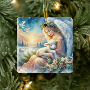 Adorno De Cerámica Ángel de Navidad con Cordero en Paz Invernal