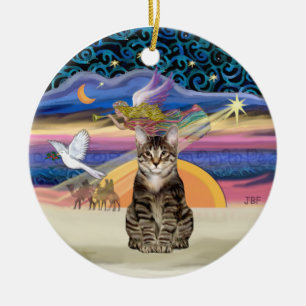 Adorno De Cerámica Ángel de Navidad - gato tigre atigrado marrón
