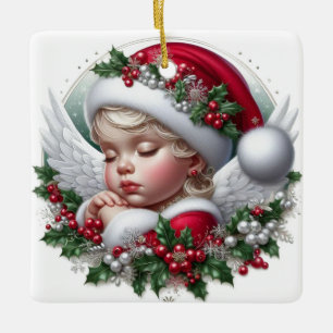 Adorno De Cerámica Ángel de Navidad y Acebo