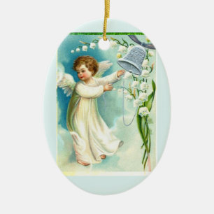 Adorno De Cerámica Ángel del bebé con una Campana Azul