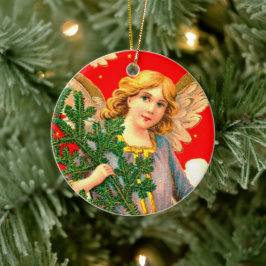 Adorno De Cerámica Ángel en lavanda llevando árbol de navidad