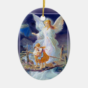 Adorno De Cerámica Ángel, niños y puente de guarda