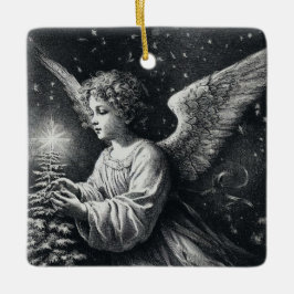 Adorno De Cerámica Ángel y árbol de Navidad en blanco y negro