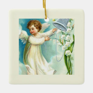 Adorno De Cerámica Angelito con campana azul 