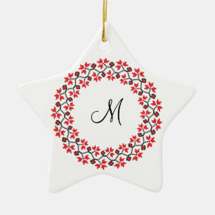 Adorno De Cerámica Anillo de flores rojas Monograma personalizado ini