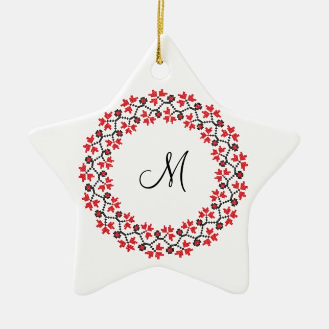 Adorno De Cerámica Anillo de flores rojas Monograma personalizado ini (Frente)