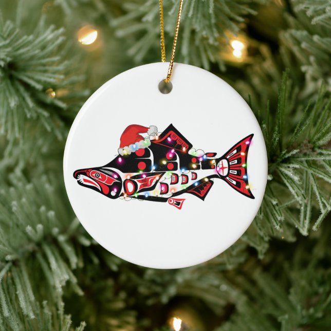Adorno De Cerámica Animal espiritual Haida Salmon con luces Navidades (Árbol)