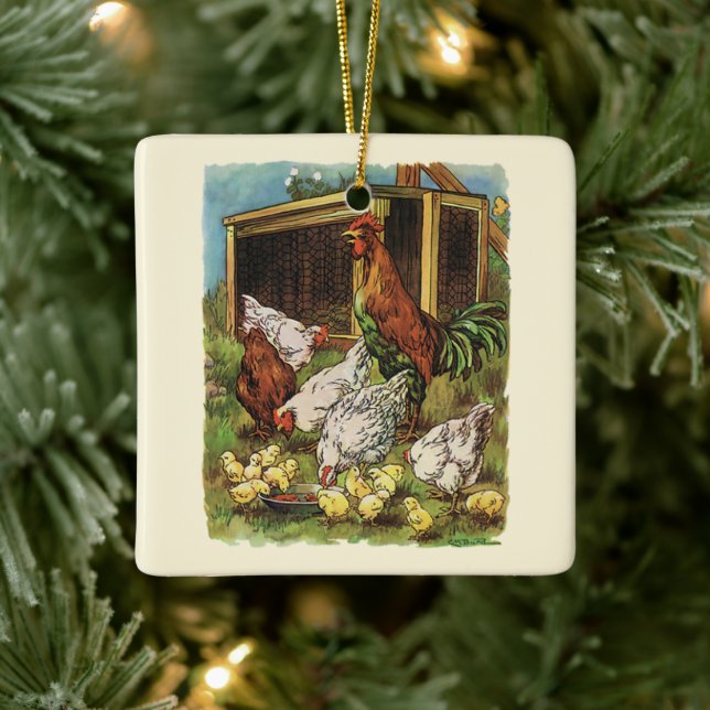 Adorno De Cerámica Animales de granja de cosecha, gallos, gallinas (Árbol)