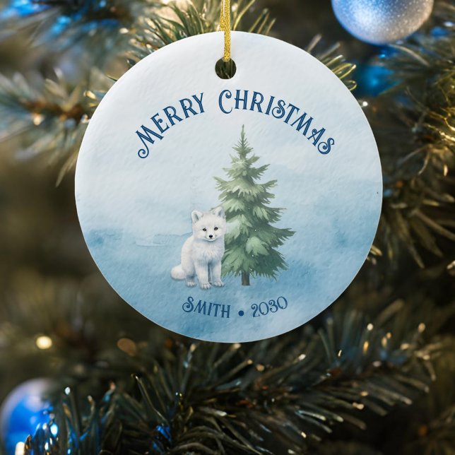 Adorno De Cerámica Animales de Woodland y Navidades de Fox Blue del Á (arctic fox woodland creatures christmas ornament front)