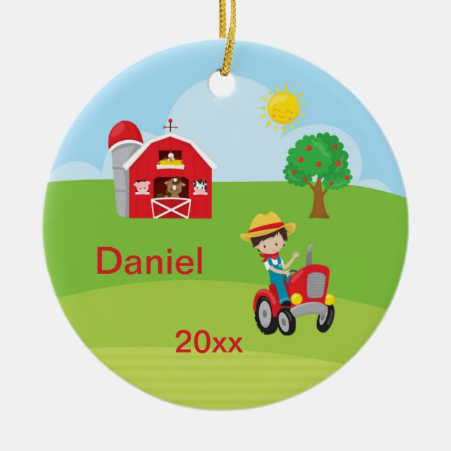 Adorno De Cerámica Animales felices Brown del tractor del granero del (Frente)