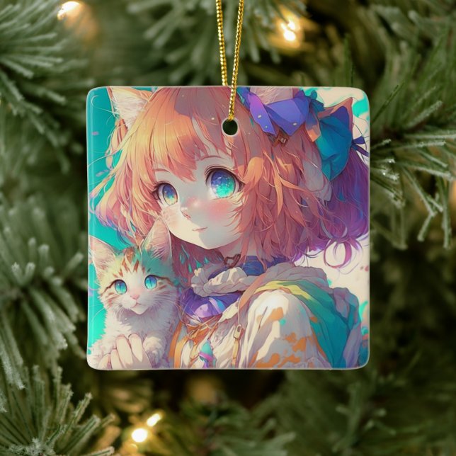 Adorno De Cerámica Anime Chica sostiene un gatito adorable (Árbol)