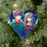 Adorno De Cerámica Anime Couple Romántico Navidades Personalizados<br><div class="desc">Navidades tiempo con una linda pareja de anime con un nevado fondo de pino.</div>