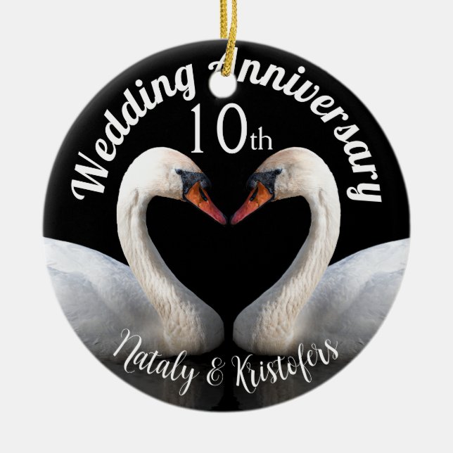 Adorno De Cerámica Aniversario boda dos cisnes Negro (Frente)