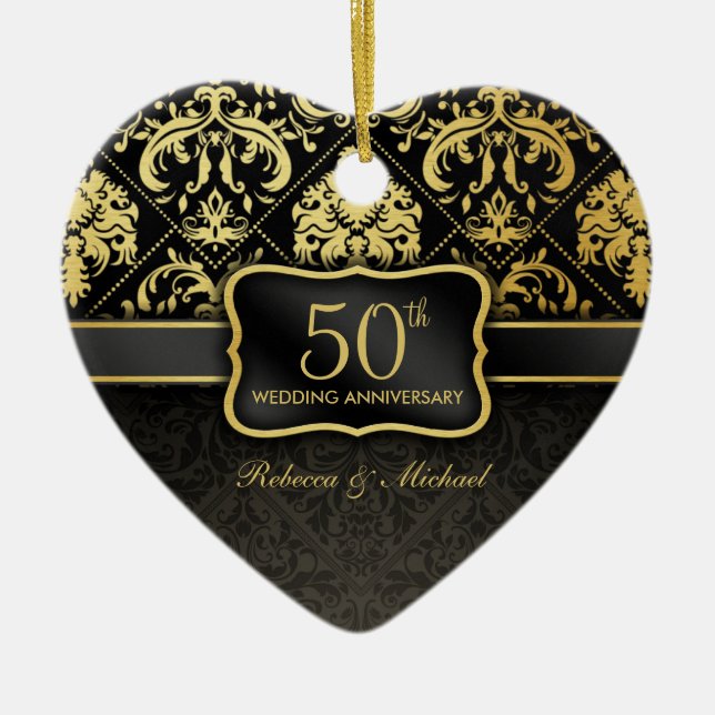 Adorno De Cerámica Aniversario de boda elegante del negro y del oro (Frente)