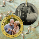 Adorno De Cerámica Aniversario de Bodas número 50 Corazones de Oro 2<br><div class="desc">Personaliza con dos fotos especiales y detalles del aniversario número 50 en un fondo de confeti de corazones de oro. Diseñado por Thisisnotme©</div>