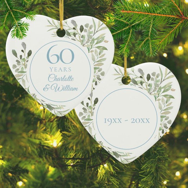 Adorno De Cerámica Aniversario del 60° Aniversario de la vegetación a (Watercolor Greenery 60th Wedding Anniversary Ceramic Ornament)