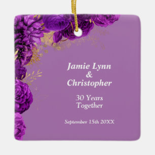 Adorno De Cerámica Aniversario del Boda de la Púrpura Floral Ornament