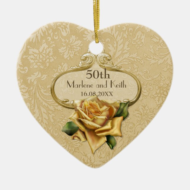Adorno De Cerámica Aniversario del Rosa de Oro 50° Boda (Frente)