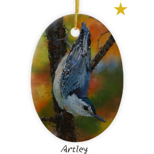 Adorno De Cerámica Año de pintura de pájaro de nuthatch blanco con pe
