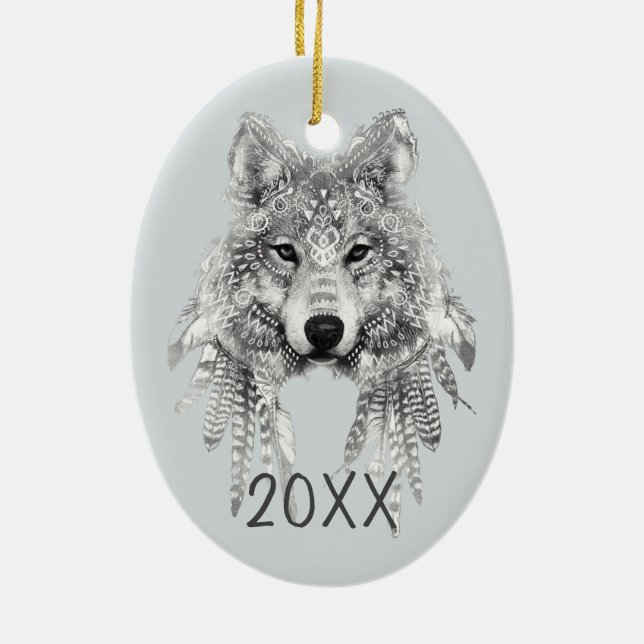 Adorno De Cerámica Año del Personalizable del lobo tribal Keepsake (Atrás)