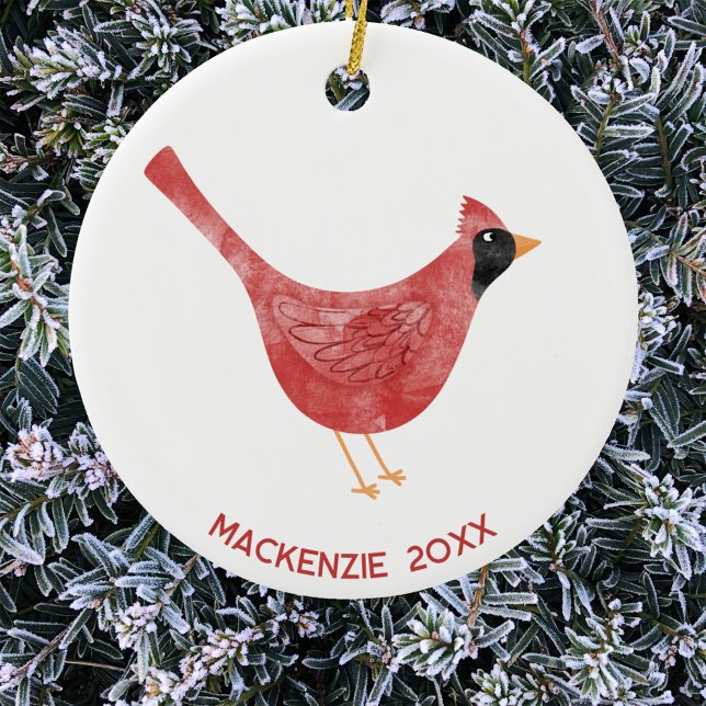 Adorno De Cerámica Año personalizado de la acuarela de aves cardinale (Fun Cardinal bird red and white watercolor personalized name and year ceramic Christmas ornament)