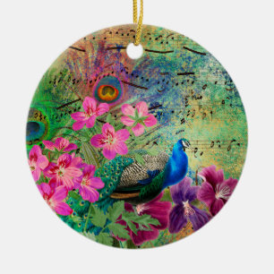 Adorno De Cerámica Antiguo Grunge Ilustrado de Pavo Real y Flores